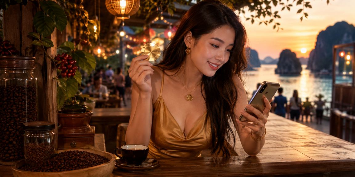 Người dùng tại vịnh Hạ Long sử dụng điện thoại di động để truy cập mục cược và theo dõi kèo trực tuyến bên tách cà phê