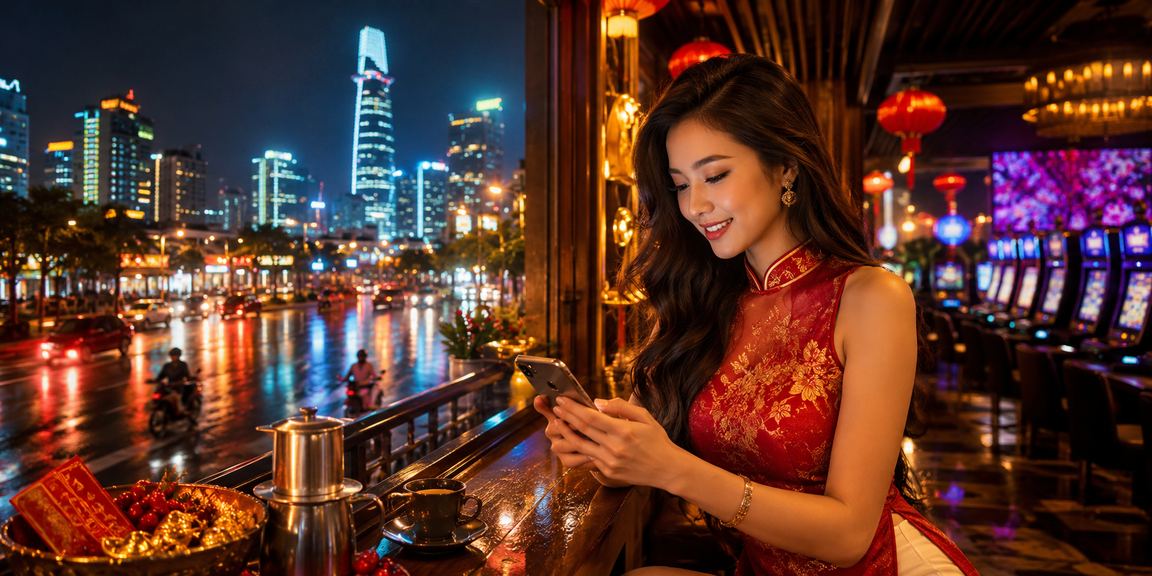 Người chơi đăng nhập casino mobile tại Thành phố Hồ Chí Minh với ly cà phê bên cạnh